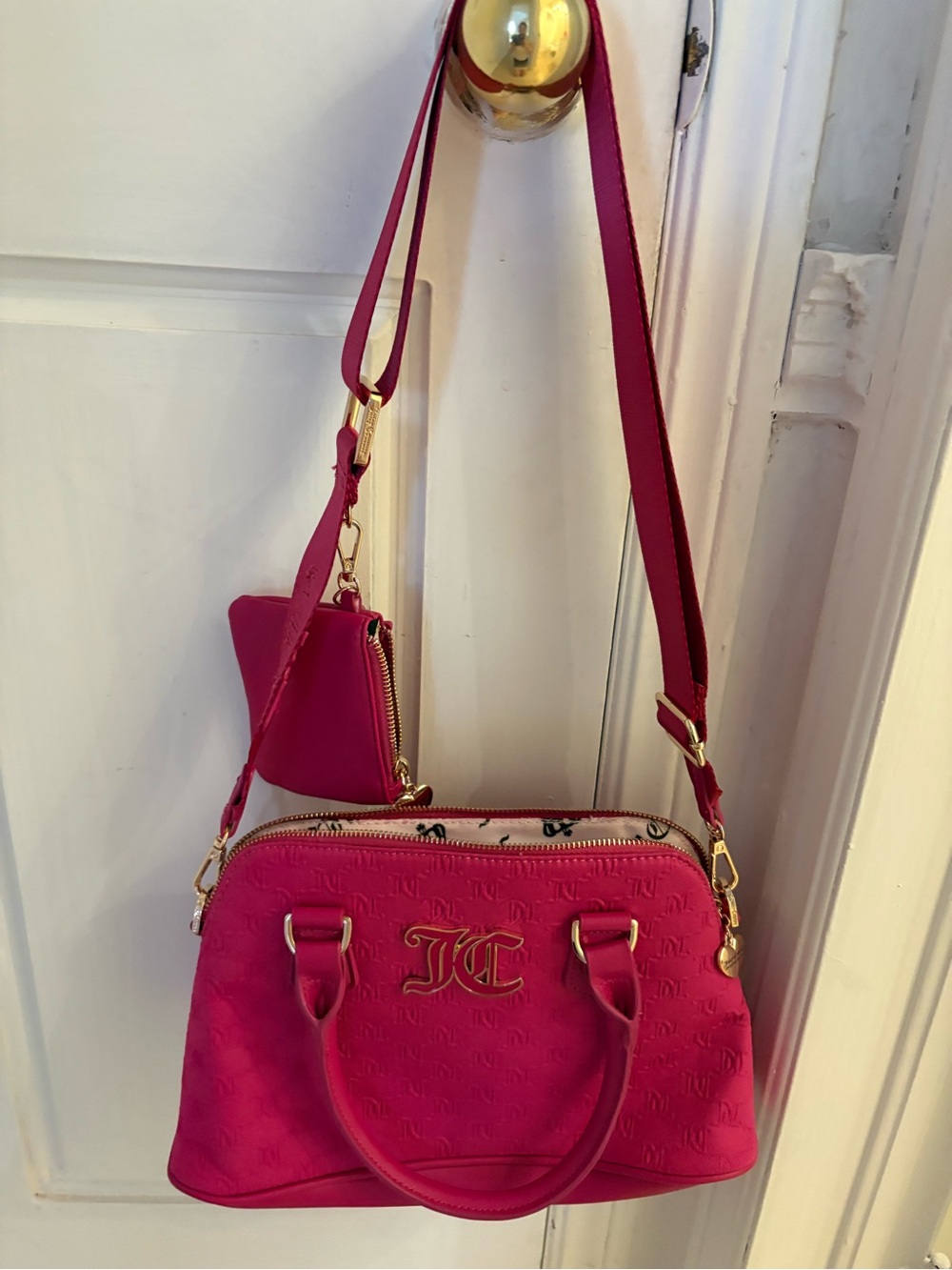 NWOT Juicy Couture Hot Pink Monogram Dome Satchel Crossbody Bag with Coin Pouch